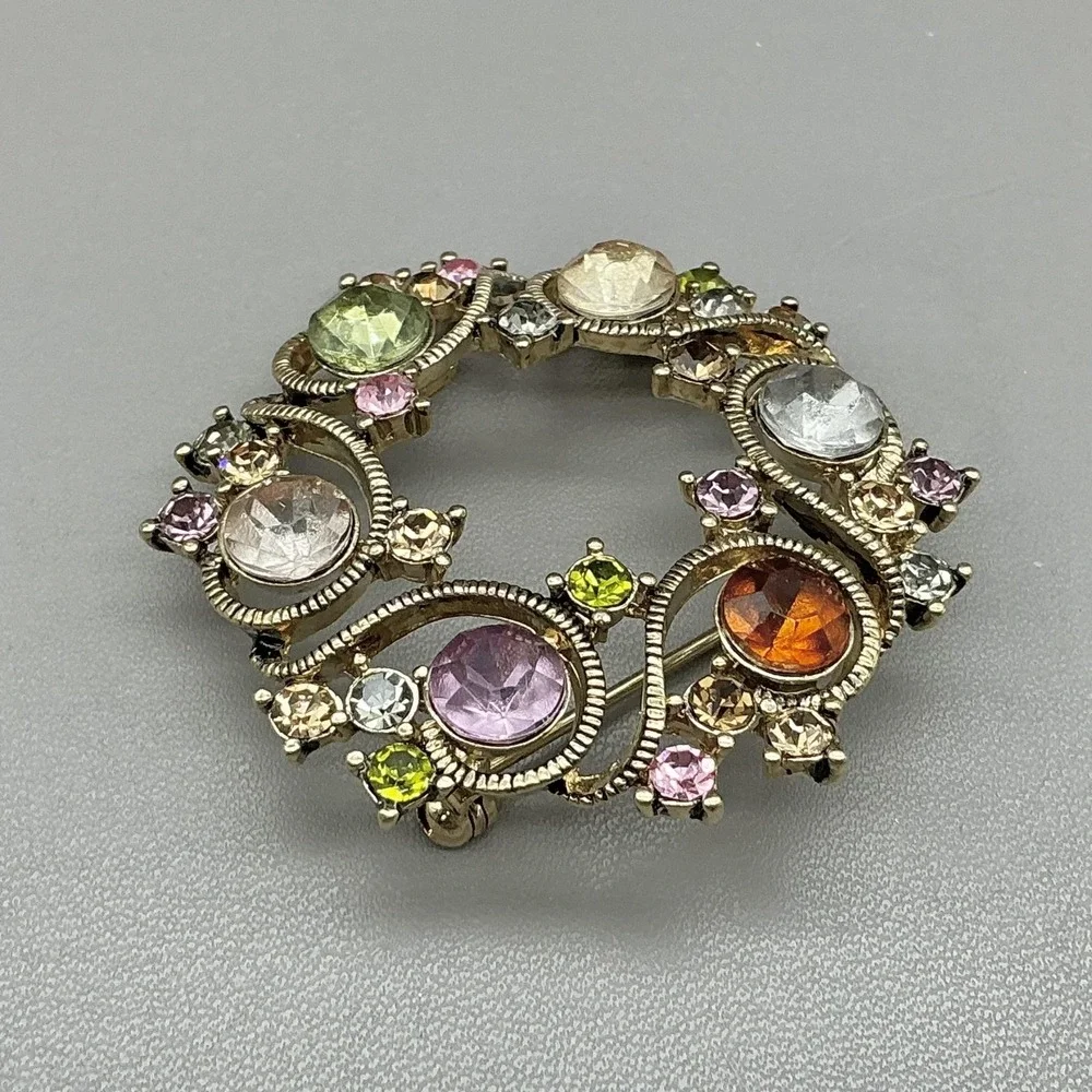 Vintage Monet Brooch Round Wreath Multicolor Rhinestone Gold Tone Pin Costume
